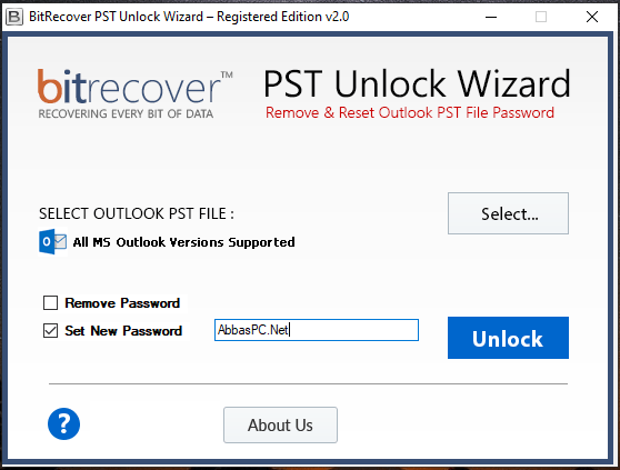 Logotipo do Crackeado do assistente de desbloqueio BitRecover PST